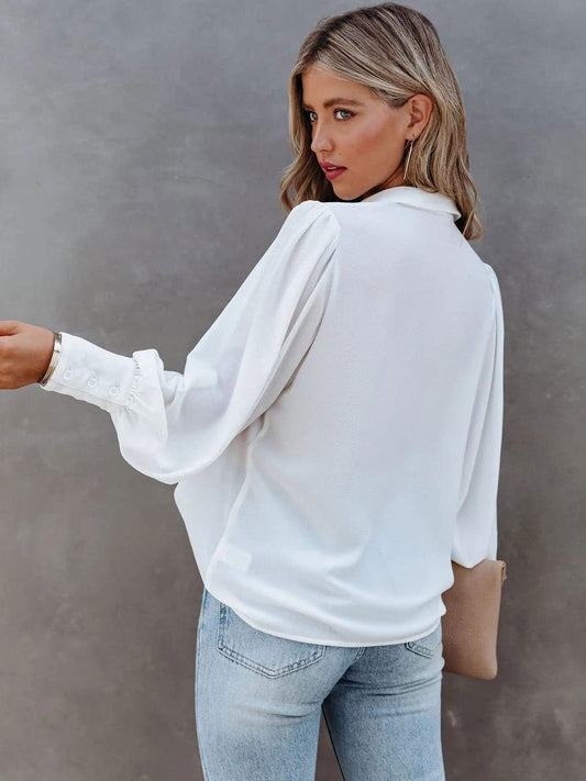 V-Neck Blouse with Long Sleeves in White – photo 2
