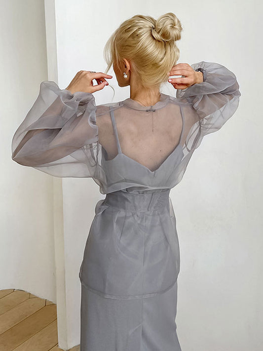 Lace-Up Shirt with Long Sleeves in Grey – photo 2