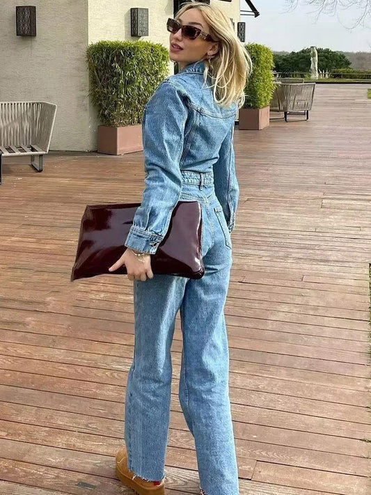 Denim Jumpsuit with Long Sleeves in Sky Blue – photo 2