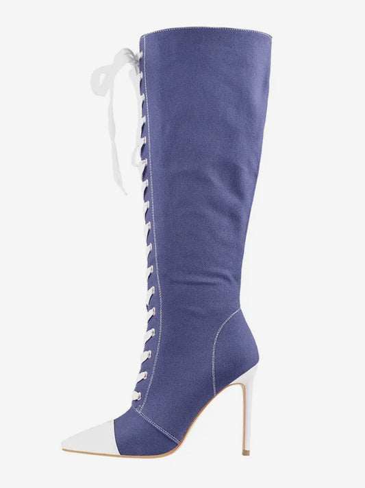 Pointed-Toe Knee-High Boots with Lace Trim in Sky Blue – photo 2