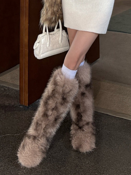 Round-Toe Faux-Fur Knee-High Boots in Khaki – photo 2