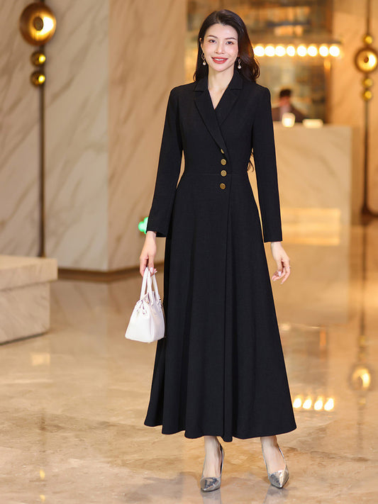 V-Neck Dress with Lapels in Black – photo 2