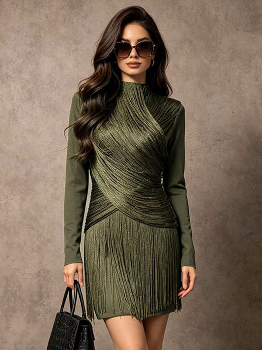 High-Neck Mini Dress with Fringe in Green – photo 2