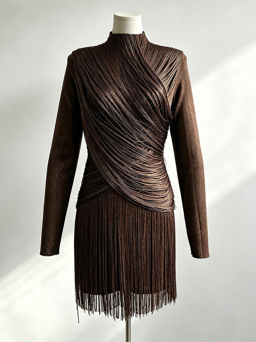 High-Neck Mini Dress with Fringe in Green – photo 10