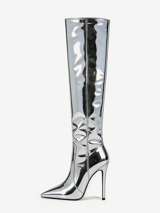 Pointed-Toe Stiletto Knee-High Boots in Silver – photo 2