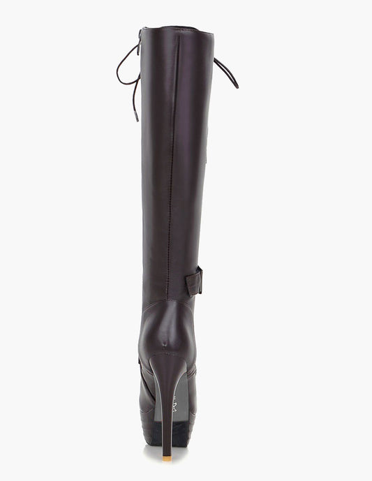 Round-Toe Knee-High Boots with Lace Trim in Brown – photo 2