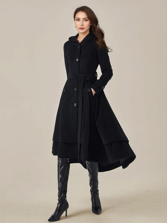 Flared Coat with Hood in Black – photo 2
