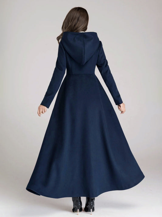 Flared Coat with Hood in Navy – photo 2