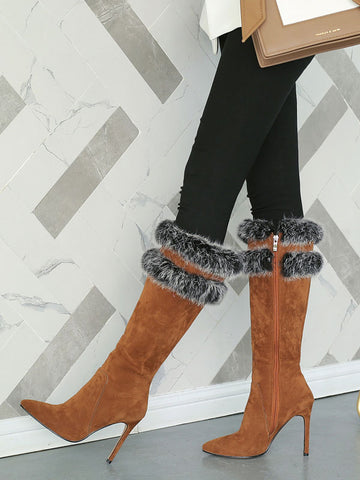 Pointed-Toe Stiletto Knee-High Boots in Brown