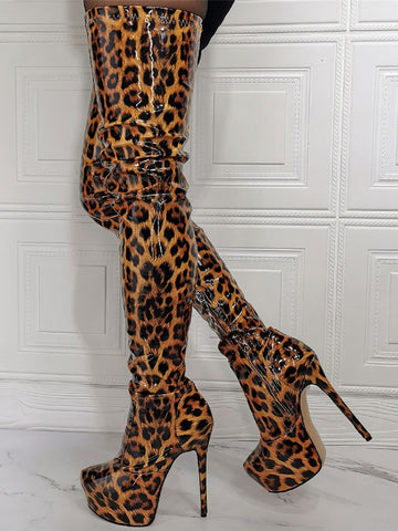 Stiletto Platform Mid-Calf Boots in Leopard Print