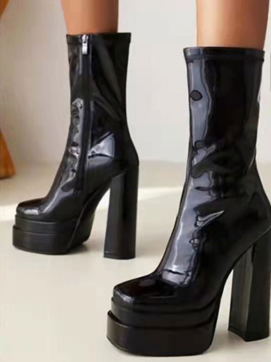 Square-Toe Block-Heel Mid-Calf Boots in Black – photo 1