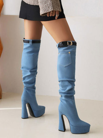 Block-Heel Knee-High Boots with Buckle in Sky Blue