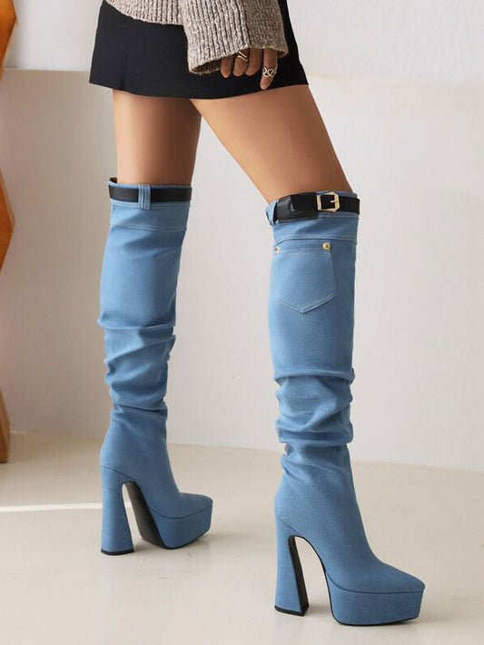 Block-Heel Knee-High Boots with Buckle in Sky Blue – photo 1