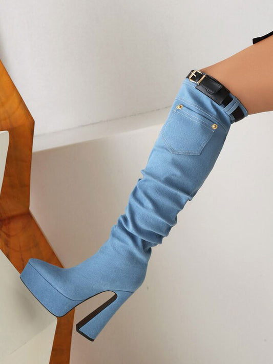 Block-Heel Knee-High Boots with Buckle in Sky Blue – photo 2