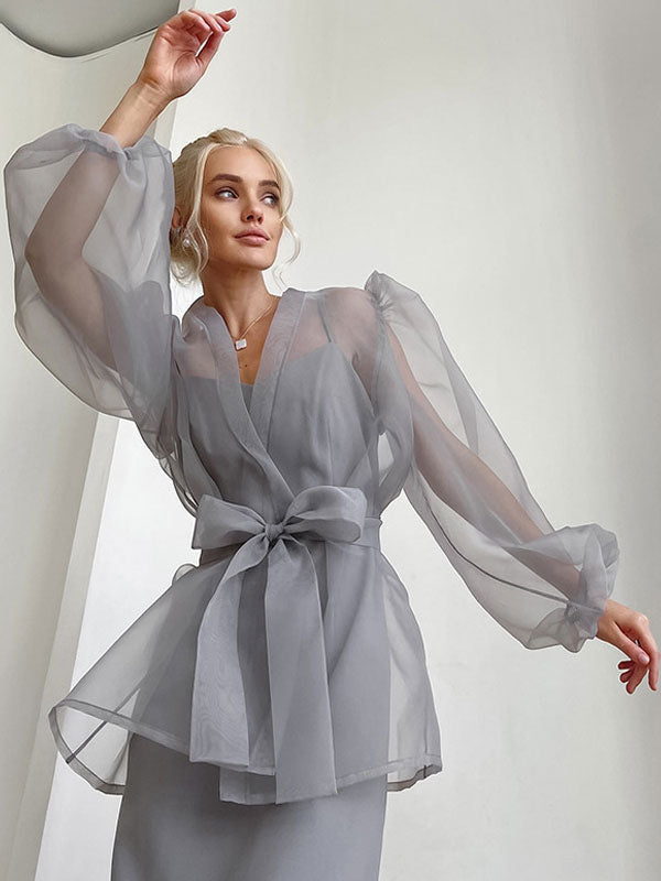 Lace-Up Shirt with Long Sleeves in Grey – photo 1