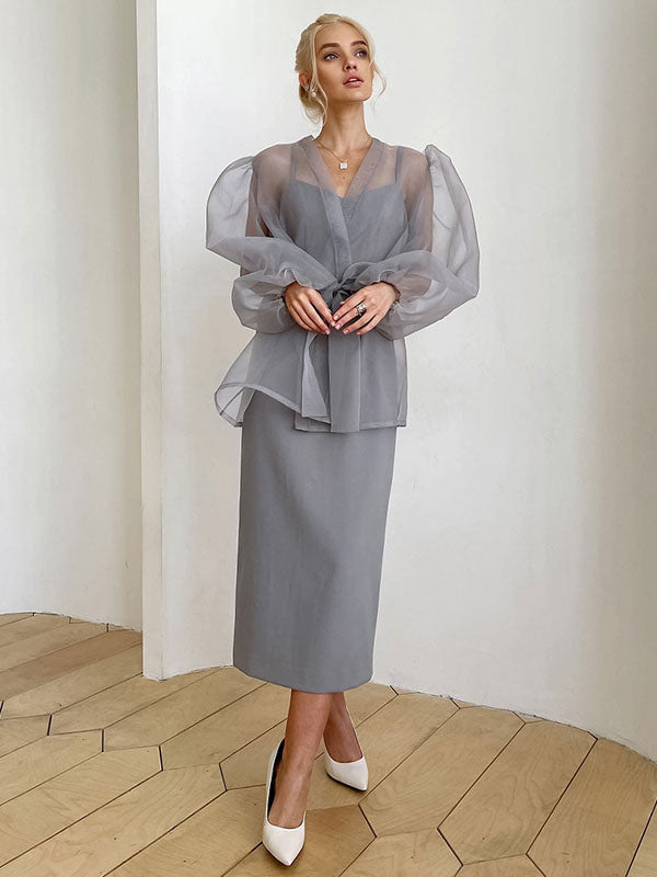 Lace-Up Shirt with Long Sleeves in Grey – photo 3