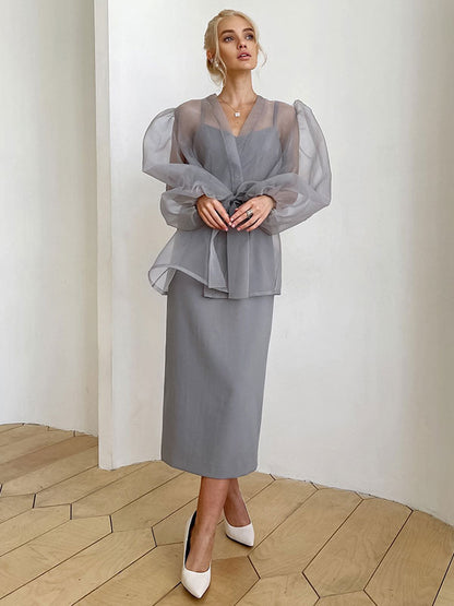 Lace-Up Shirt with Long Sleeves in Grey – photo 3