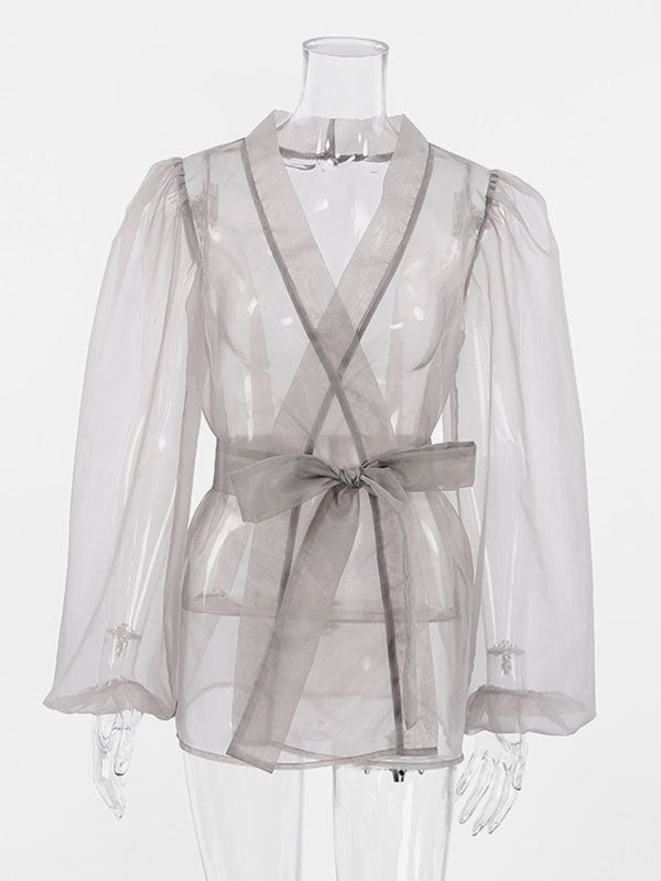 Lace-Up Shirt with Long Sleeves in Grey – photo 6