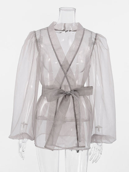 Lace-Up Shirt with Long Sleeves in Grey – photo 6