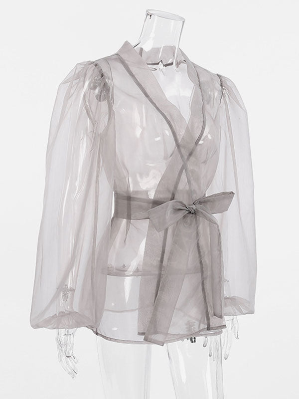 Lace-Up Shirt with Long Sleeves in Grey – photo 8
