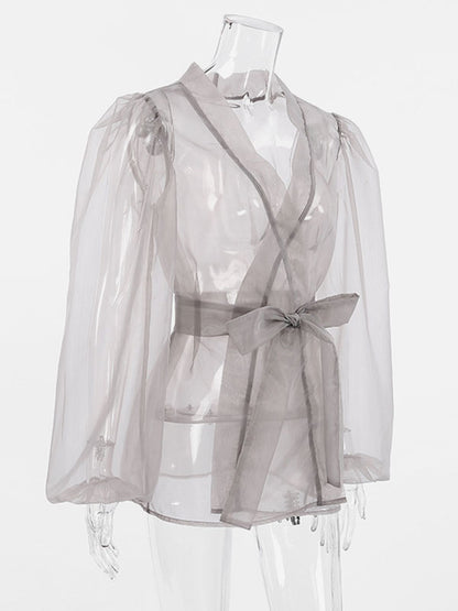 Lace-Up Shirt with Long Sleeves in Grey – photo 8