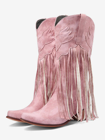 Pointed-Toe Block-Heel Mid-Calf Boots in Pink