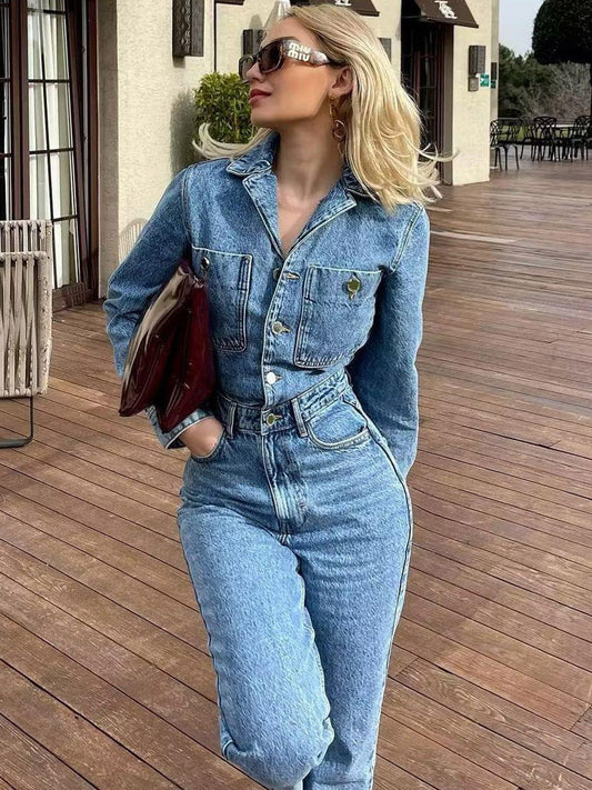 Denim Jumpsuit with Long Sleeves in Sky Blue – photo 1