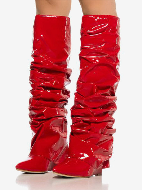 Pointed-Toe Wedge Knee-High Boots in Red – photo 1