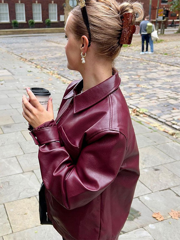 Zip-Up Jacket with Long Sleeves in Burgundy – photo 3