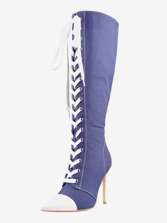 Pointed-Toe Knee-High Boots with Lace Trim in Sky Blue – photo 1