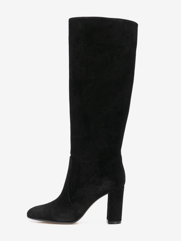 Round-Toe Block-Heel Suede-Effect Mid-Calf Boots in Black – photo 1