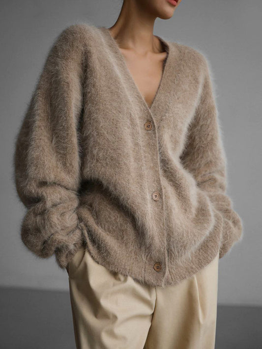 V-Neck Cardigan with Long Sleeves in Khaki – photo 2