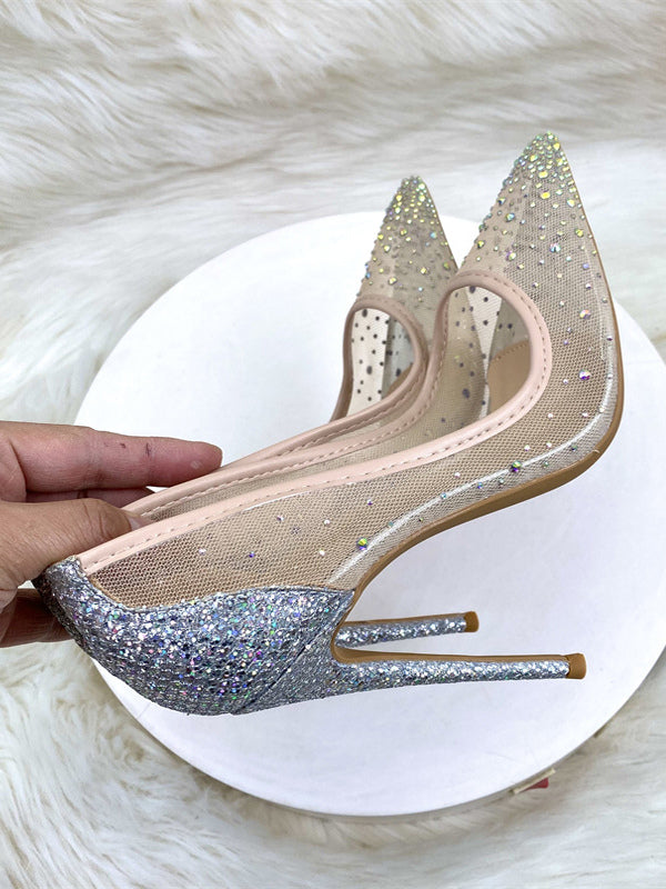 Pointed-Toe Heels with Diamanté Trim in Silver – photo 3