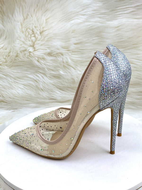 Pointed-Toe Heels with Diamanté Trim in Silver – photo 2