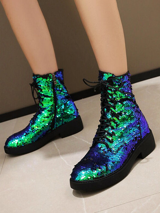 Round-Toe Ankle Boots with Lace Trim in Green – photo 1