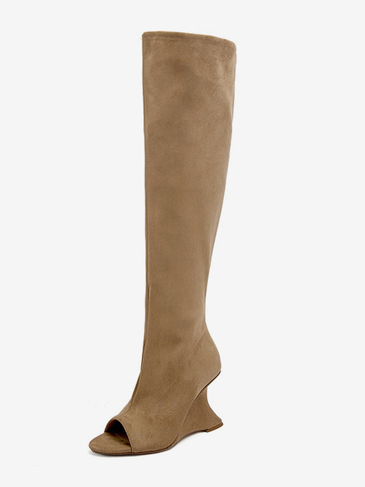 Peep-Toe Suede-Effect Over-The-Knee Boots in Apricot – photo 1