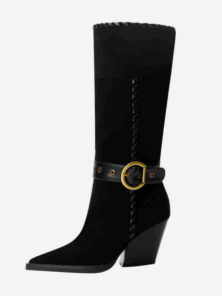 Pointed-Toe Mid-Calf Boots with Buckle in Black – photo 1
