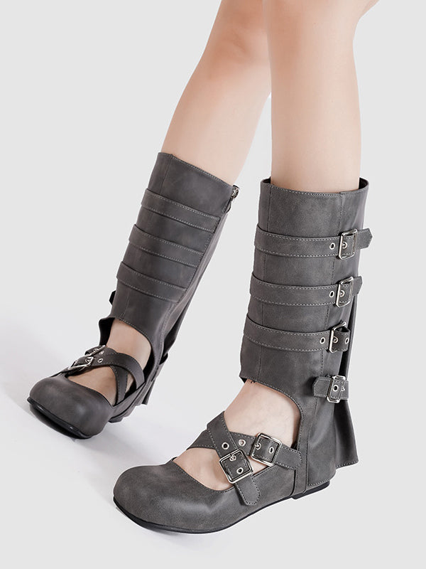 Round-Toe Mid-Calf Boots with Buckle in Grey – photo 1