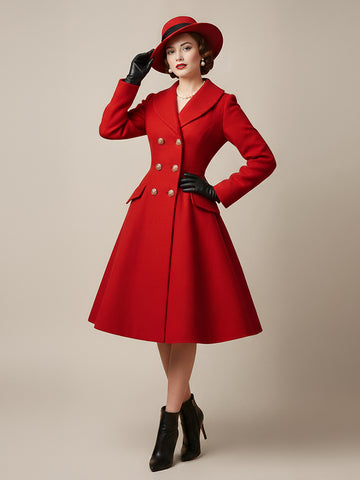 Double-Breasted Flared Coat with Long Sleeves in Red