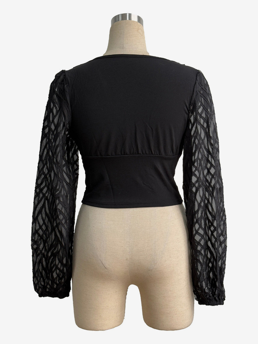 V-Neck Top with Long Sleeves in Black – photo 9