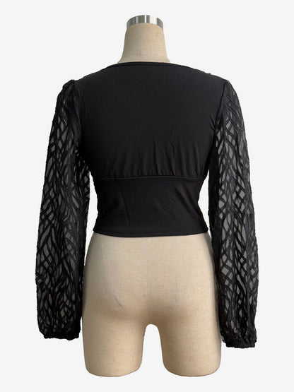 V-Neck Top with Long Sleeves in Black – photo 9