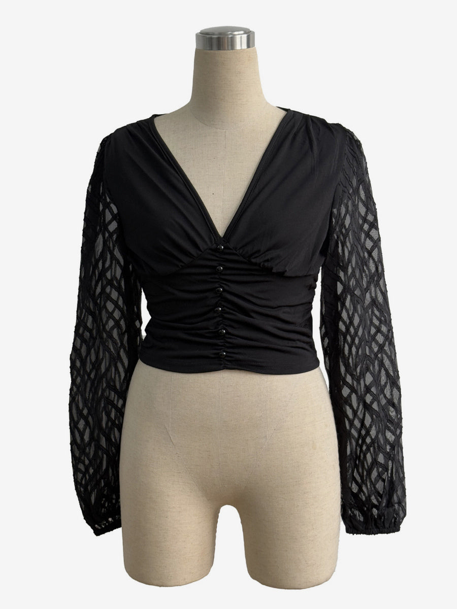 V-Neck Top with Long Sleeves in Black – photo 7