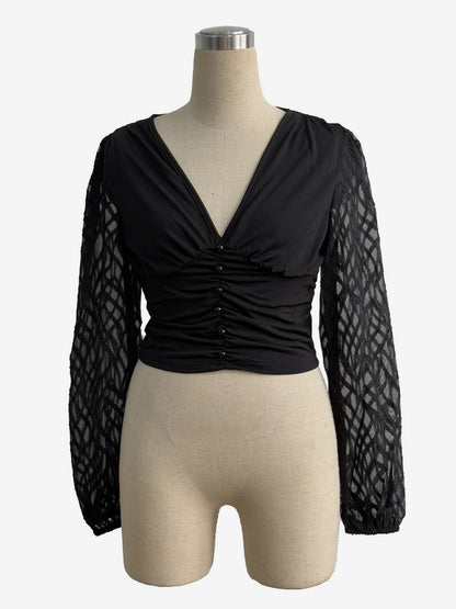 V-Neck Top with Long Sleeves in Black – photo 7
