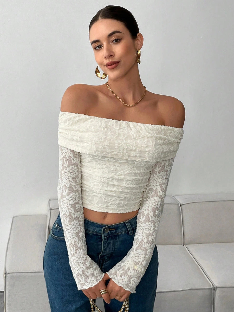 Off-Shoulder Top with Long Sleeves in White – photo 1