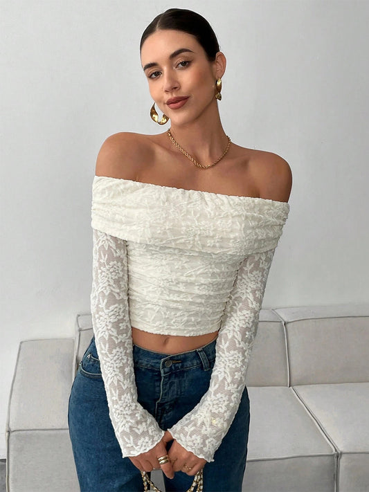 Off-Shoulder Top with Long Sleeves in White – photo 1