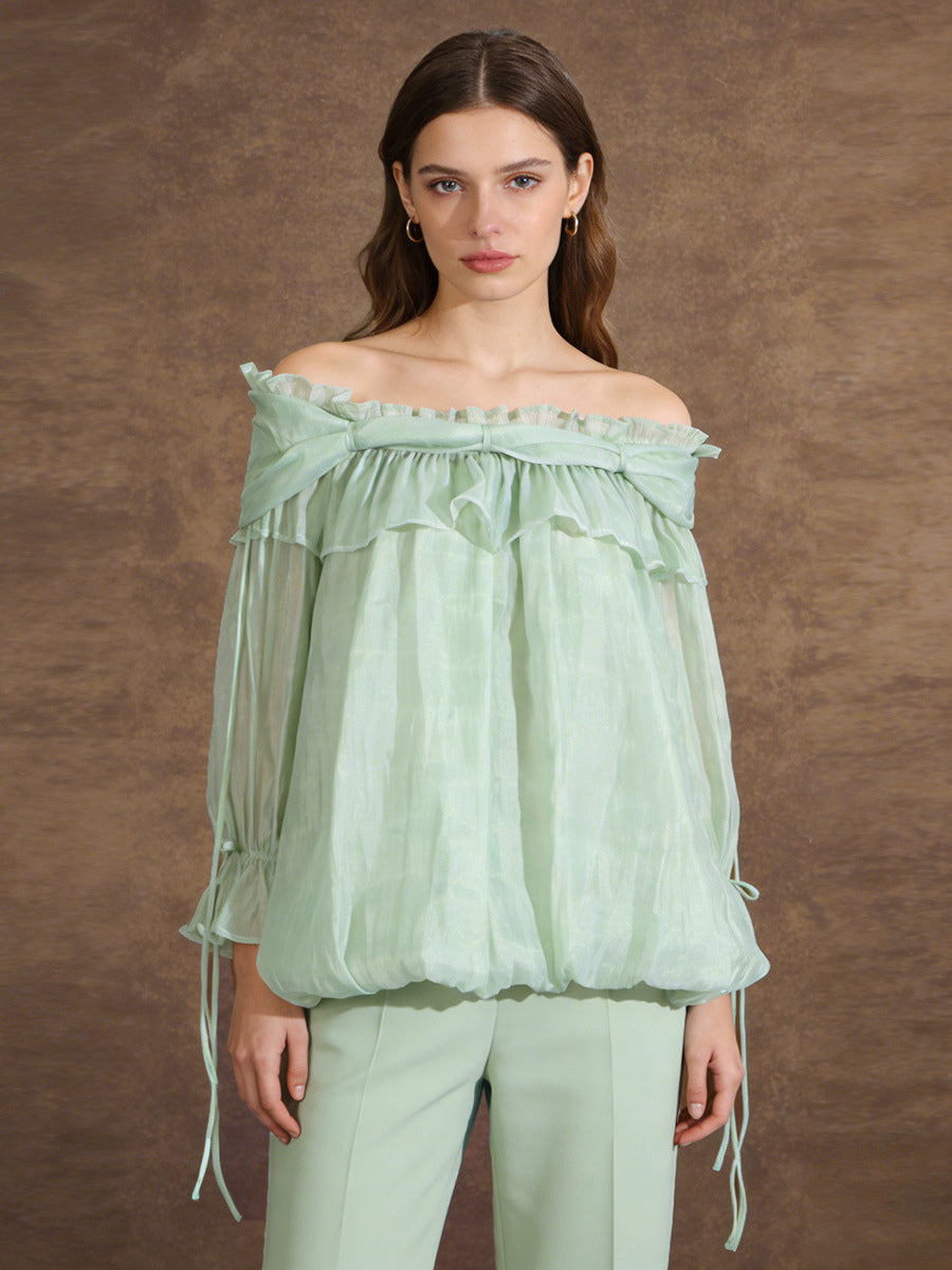 Off-Shoulder Blouse with Long Sleeves in Champagne – photo 4