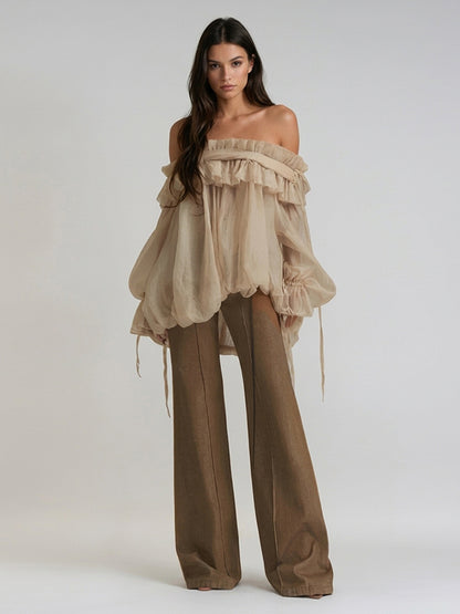 Off-Shoulder Blouse with Long Sleeves in Champagne – photo 1