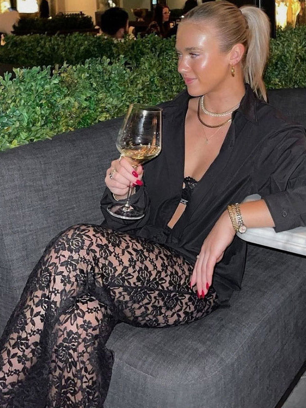 Trousers with Lace Trim in Black – photo 6