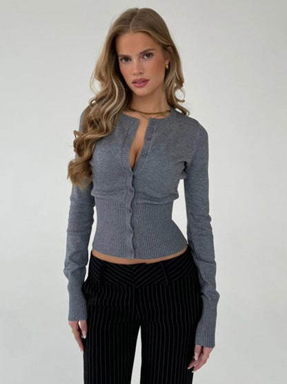 Crew-Neck Cardigan with Long Sleeves in Charcoal – photo 2