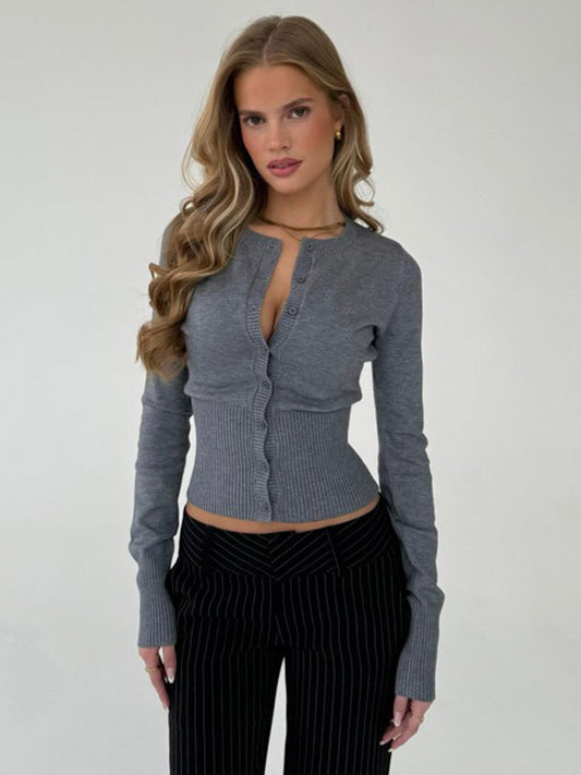 Crew-Neck Cardigan with Long Sleeves in Charcoal – photo 2